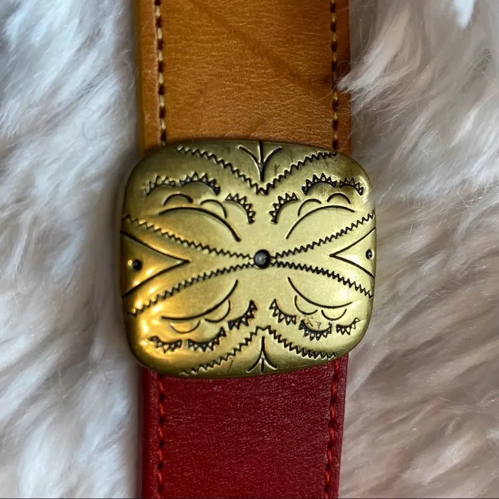 Brighton Vintage Multi-colored Leather Belt With Gold Tone Hardware
